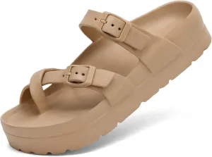 Womens Arch Support Platform Sandals Comfort Slides Thick Soles Flat Sandals With Adjustable Buckle & Ultra Cushion