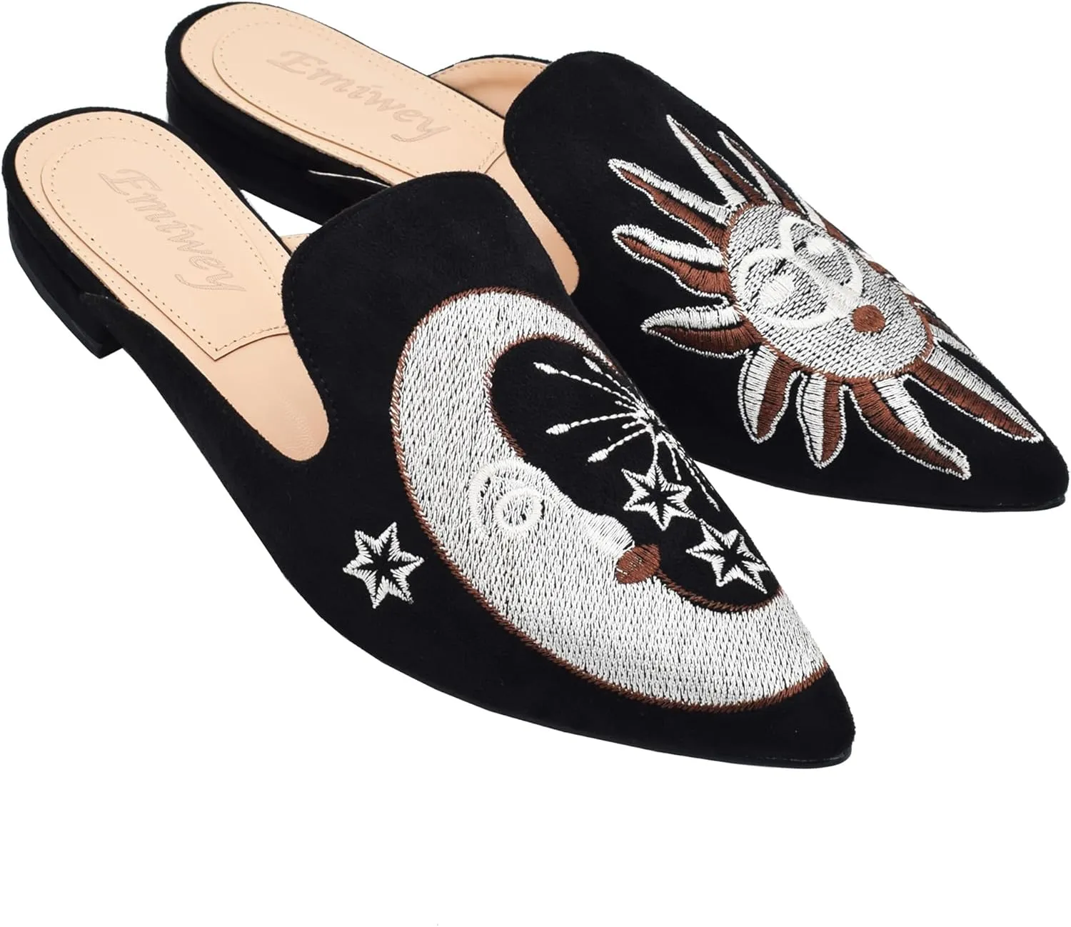 Women's Backless Comfort Slip On Casual Flats Embroidery Mule Slippers Shoes