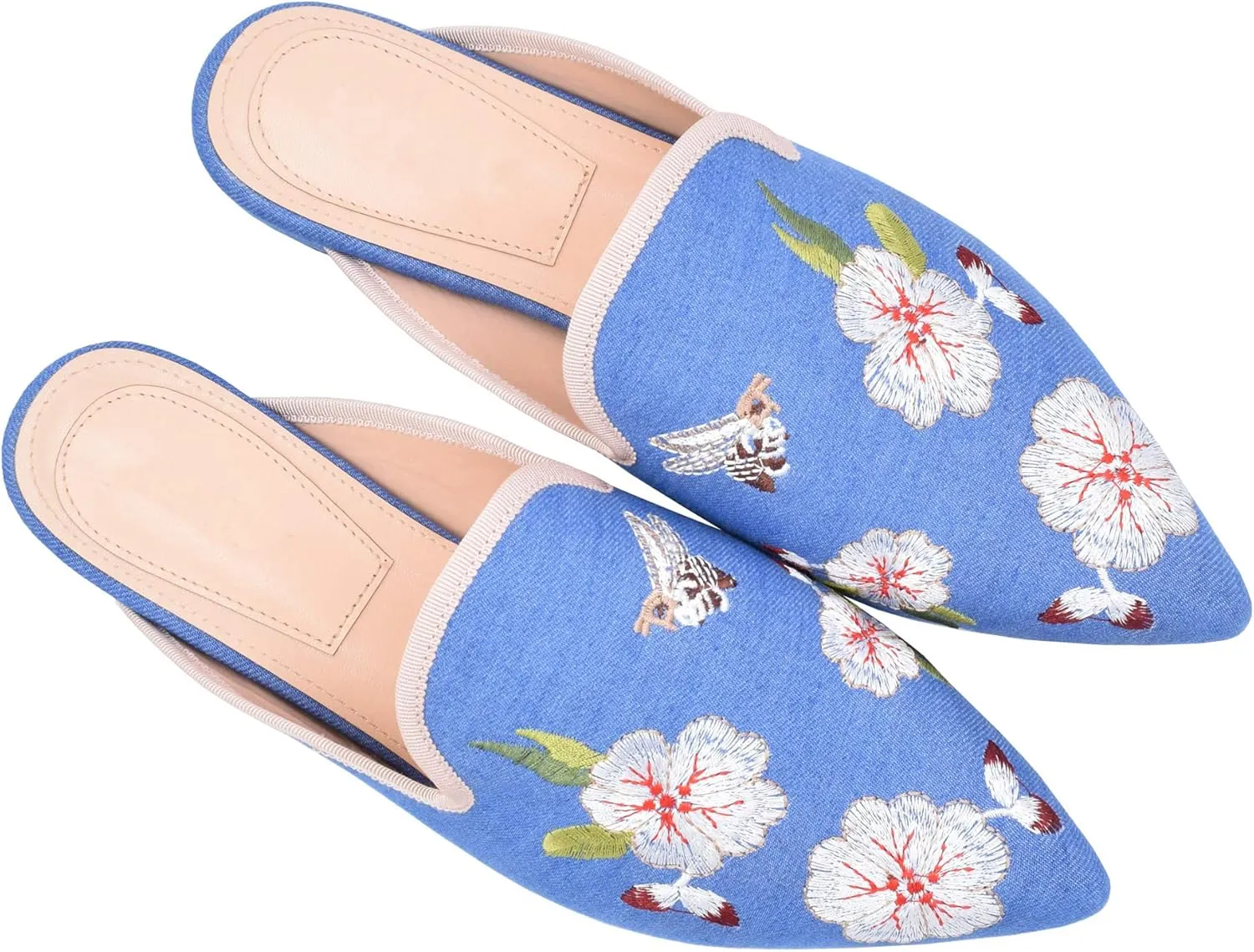Women's Backless Comfort Slip On Casual Flats Embroidery Mule Slippers Shoes