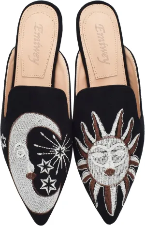 Women's Backless Comfort Slip On Casual Flats Embroidery Mule Slippers Shoes
