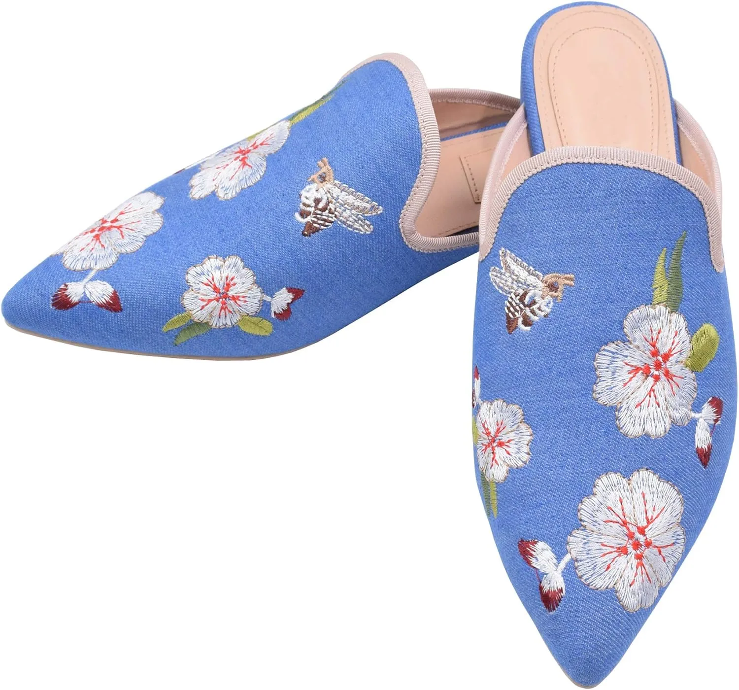 Women's Backless Comfort Slip On Casual Flats Embroidery Mule Slippers Shoes