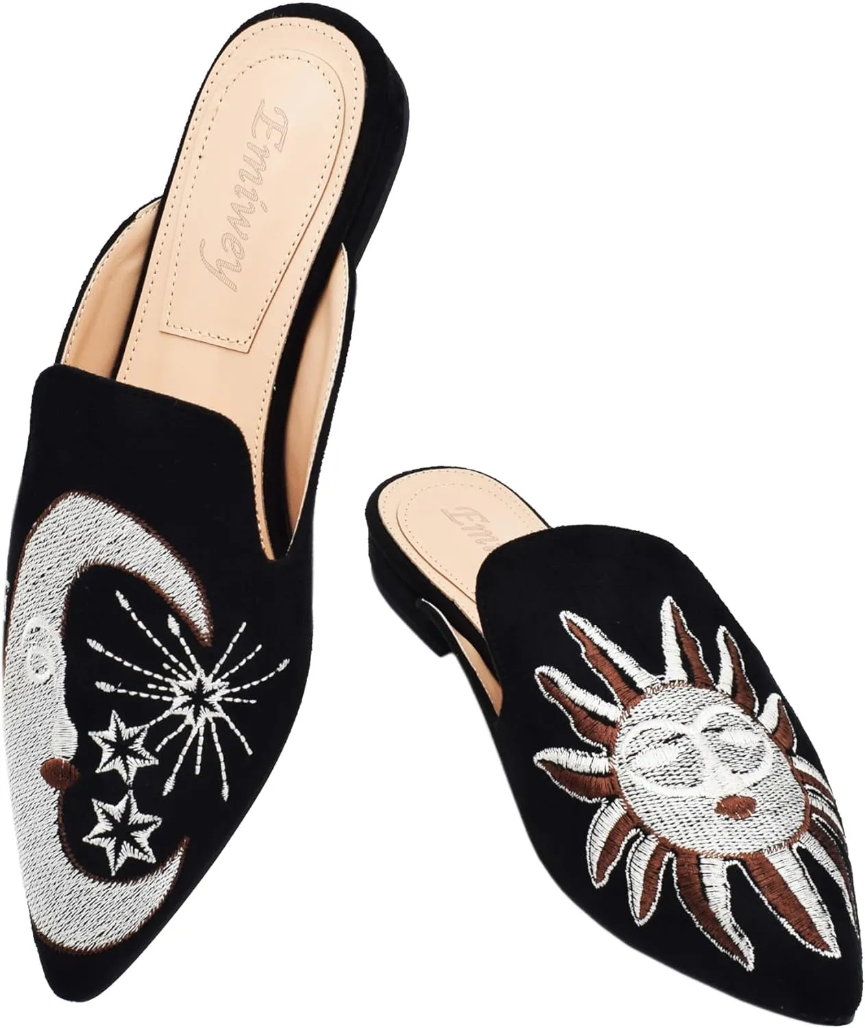 Women's Backless Comfort Slip On Casual Flats Embroidery Mule Slippers Shoes