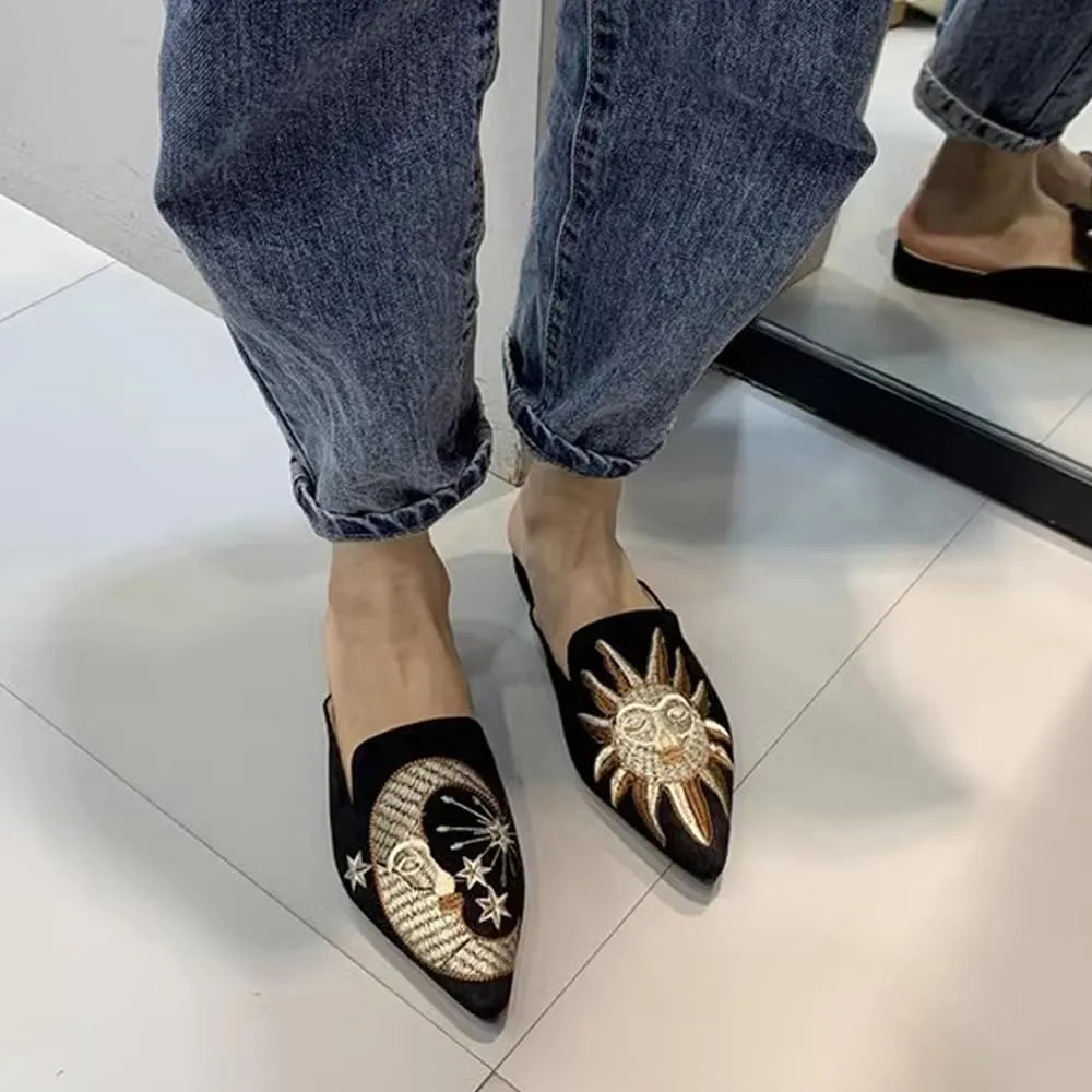 Women's Backless Comfort Slip On Casual Flats Embroidery Mule Slippers Shoes