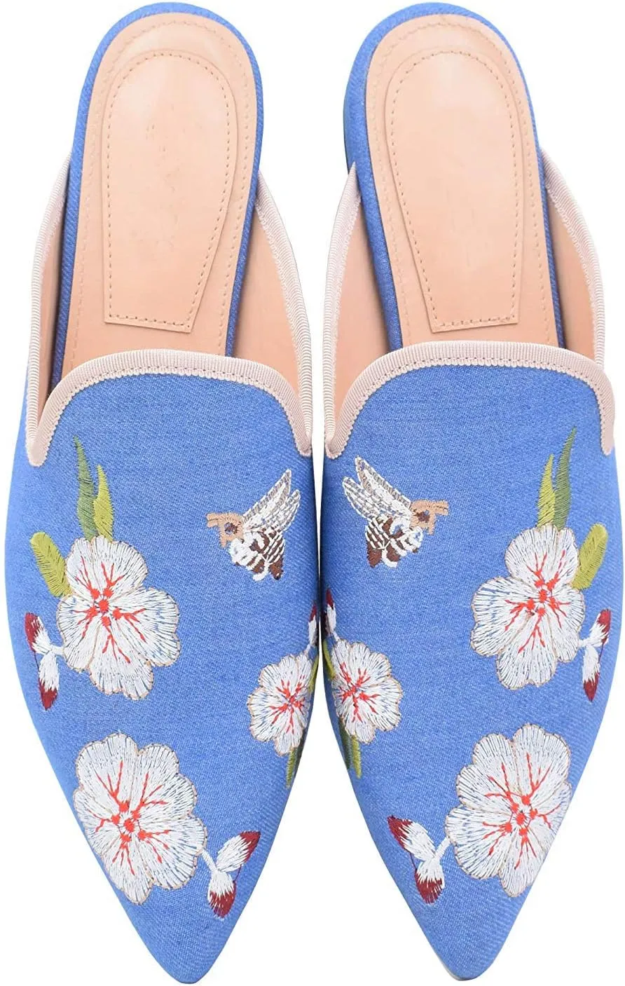 Women's Backless Comfort Slip On Casual Flats Embroidery Mule Slippers Shoes