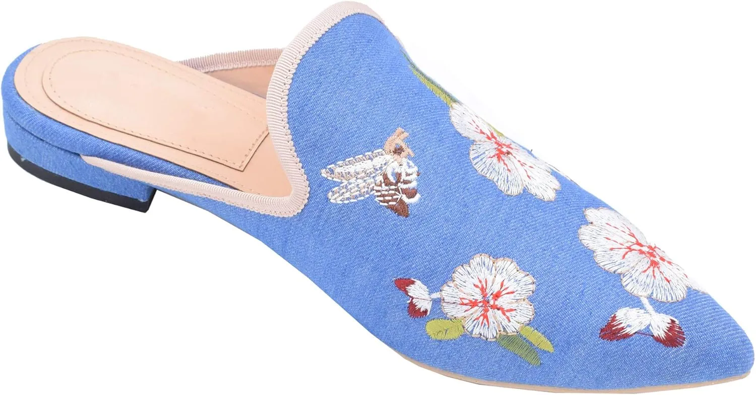 Women's Backless Comfort Slip On Casual Flats Embroidery Mule Slippers Shoes