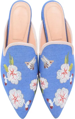 Women's Backless Comfort Slip On Casual Flats Embroidery Mule Slippers Shoes