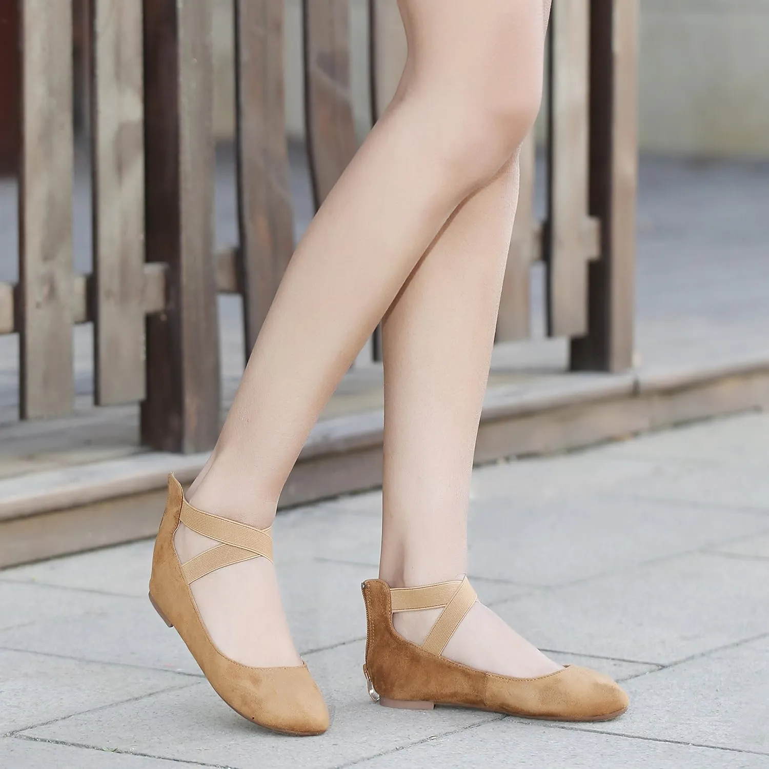 Women's Classic Ballerina Flats with Elastic Crossing Ankle Straps Ballet Flat Yoga Flat Shoes Slip On Loafers