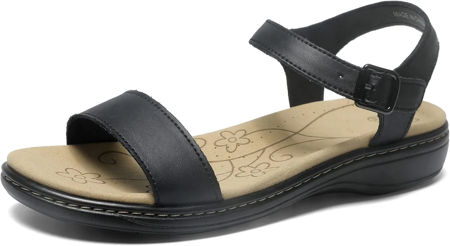Women's Classic Flat Sandals Leather Open Toes Memory Foam One Band Ankle Strap Adjustable Slip On Shoes