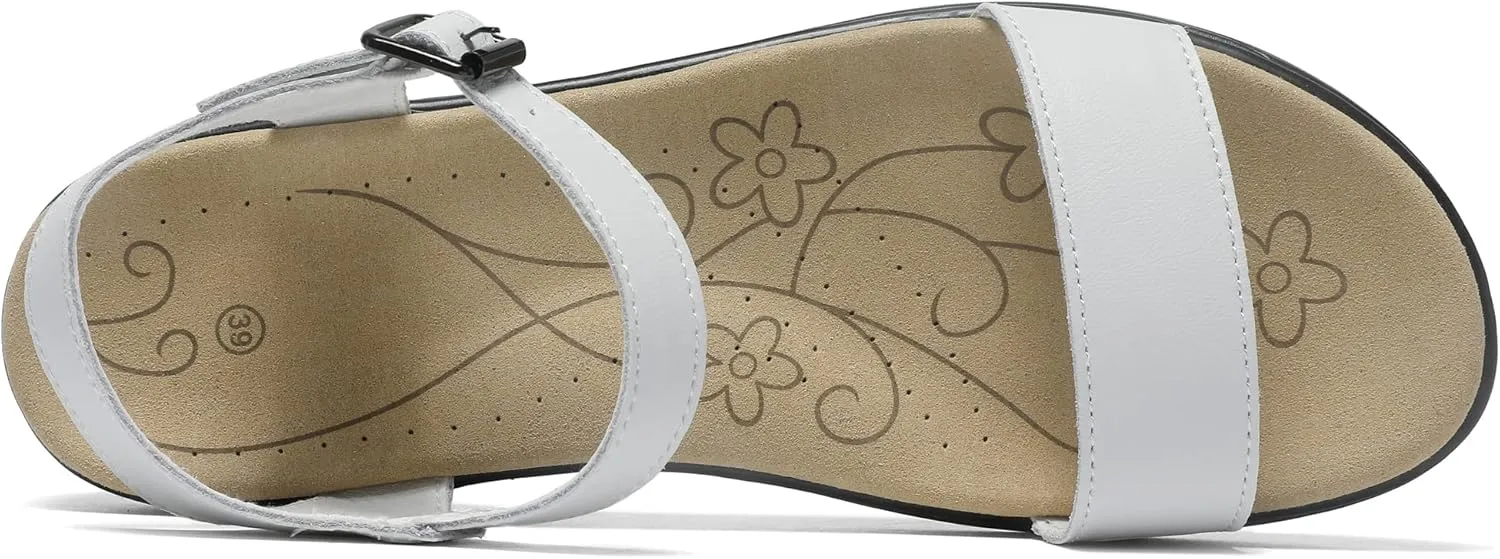 Women's Classic Flat Sandals Leather Open Toes Memory Foam One Band Ankle Strap Adjustable Slip On Shoes