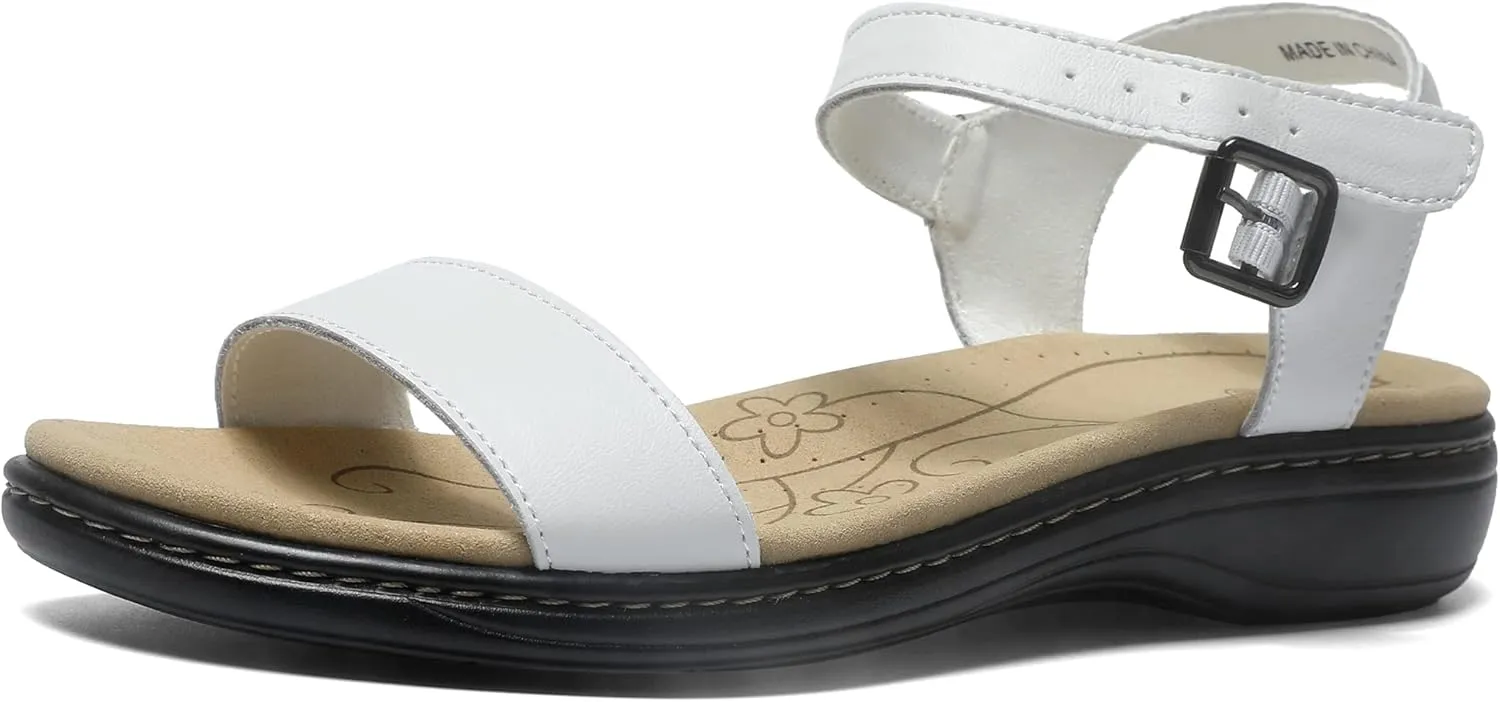Women's Classic Flat Sandals Leather Open Toes Memory Foam One Band Ankle Strap Adjustable Slip On Shoes