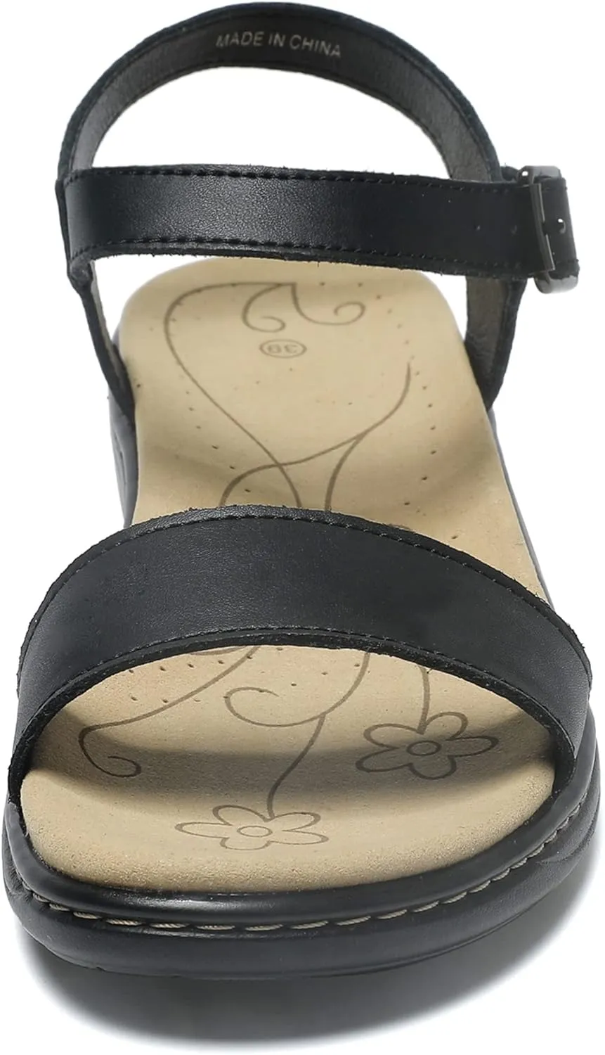 Women's Classic Flat Sandals Leather Open Toes Memory Foam One Band Ankle Strap Adjustable Slip On Shoes