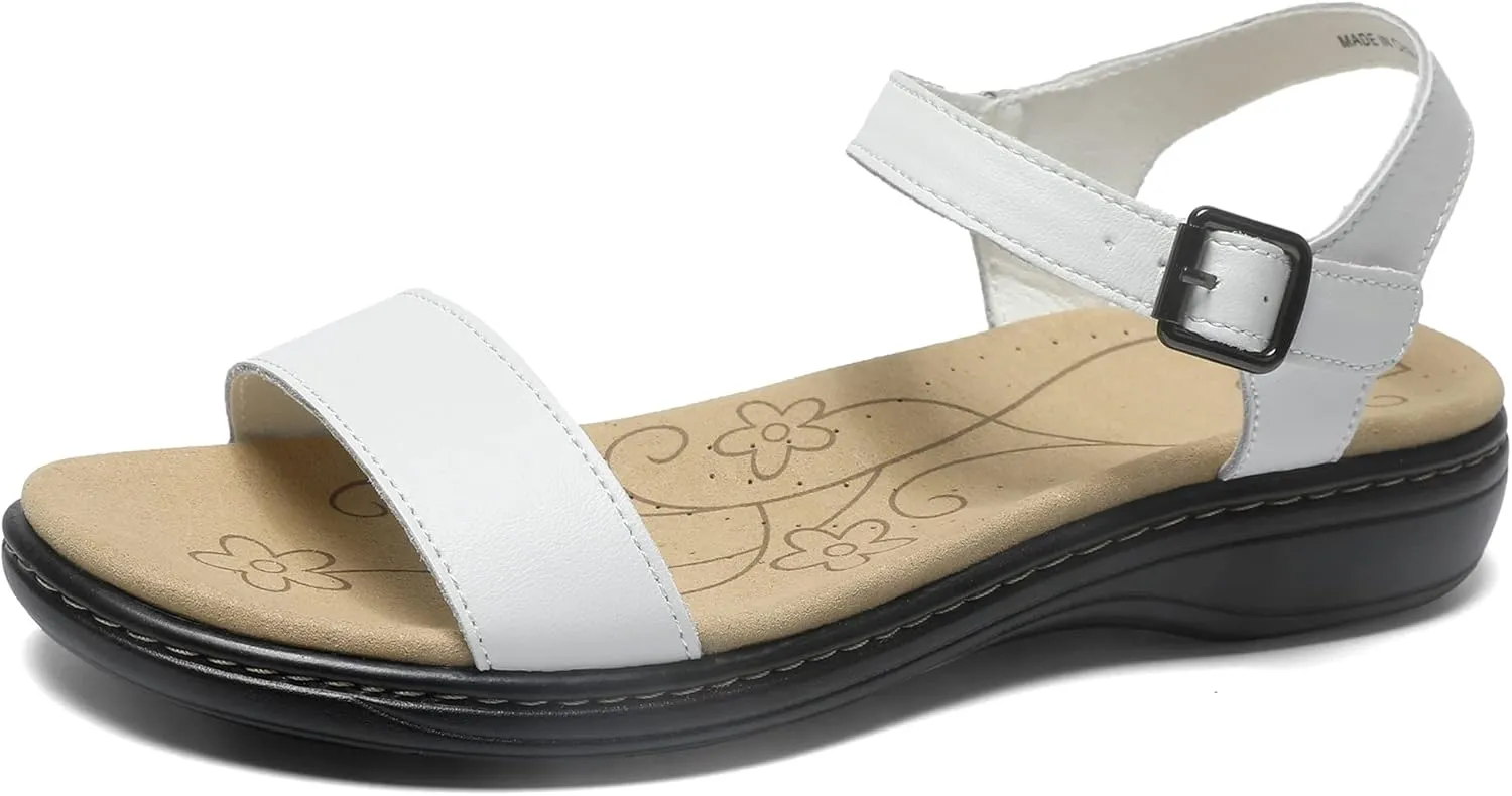 Women's Classic Flat Sandals Leather Open Toes Memory Foam One Band Ankle Strap Adjustable Slip On Shoes