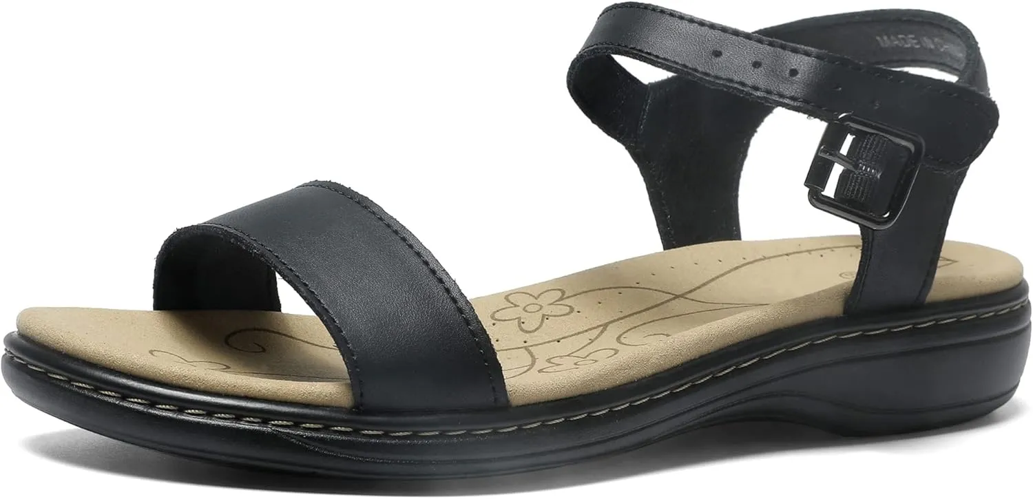 Women's Classic Flat Sandals Leather Open Toes Memory Foam One Band Ankle Strap Adjustable Slip On Shoes