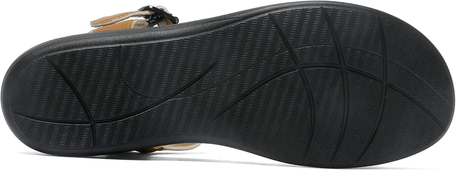 Women's Classic Flat Sandals Leather Open Toes Memory Foam One Band Ankle Strap Adjustable Slip On Shoes
