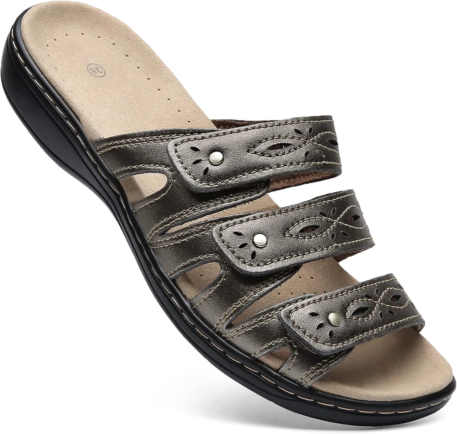 Women's Classic Leather Sandals Slide Casual Sandals with Arch Support Adjustable Hook and Loop Straps Slip-On Shoes Outdoor 2024
