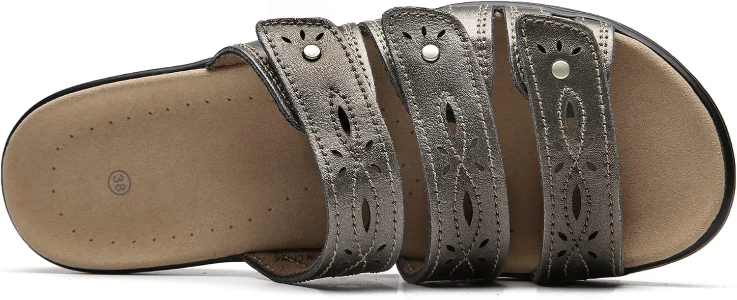 Women's Classic Leather Sandals Slide Casual Sandals with Arch Support Adjustable Hook and Loop Straps Slip-On Shoes Outdoor 2024
