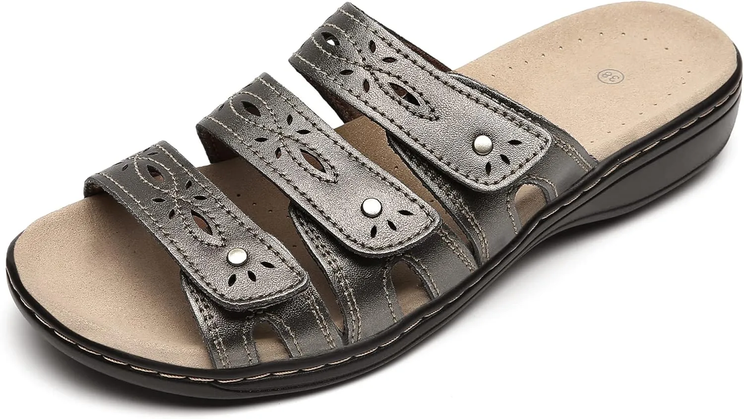 Women's Classic Leather Sandals Slide Casual Sandals with Arch Support Adjustable Hook and Loop Straps Slip-On Shoes Outdoor 2024