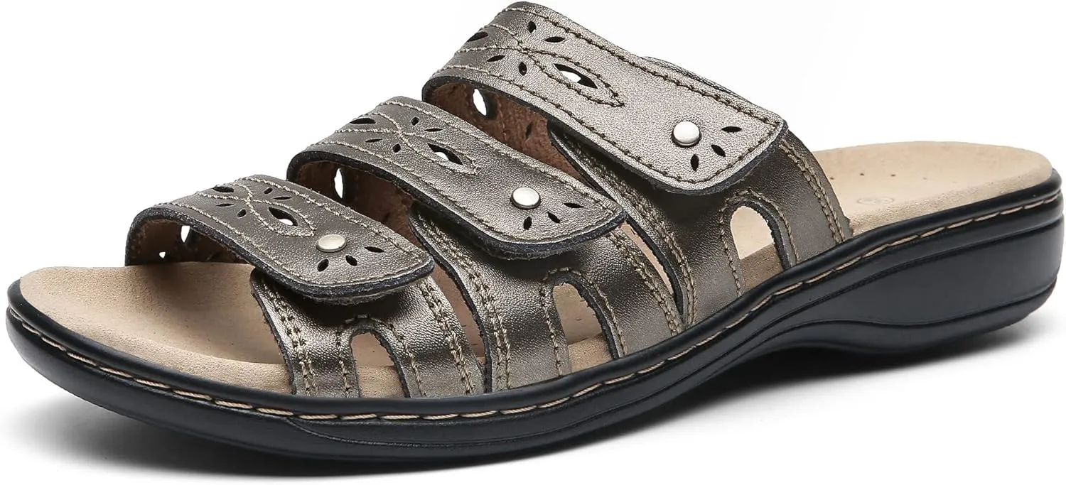 Women's Classic Leather Sandals Slide Casual Sandals with Arch Support Adjustable Hook and Loop Straps Slip-On Shoes Outdoor 2024
