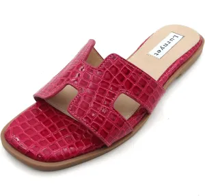 Women's Comfort Cushion Flat Sandal with Crocodile Pattern: Stylish Design Slide, Non-Slip Rubber Sole, Latex Insole for Comfort, Perfect for Parties, Gatherings, Casual Wear, Vacations, and Beach Days