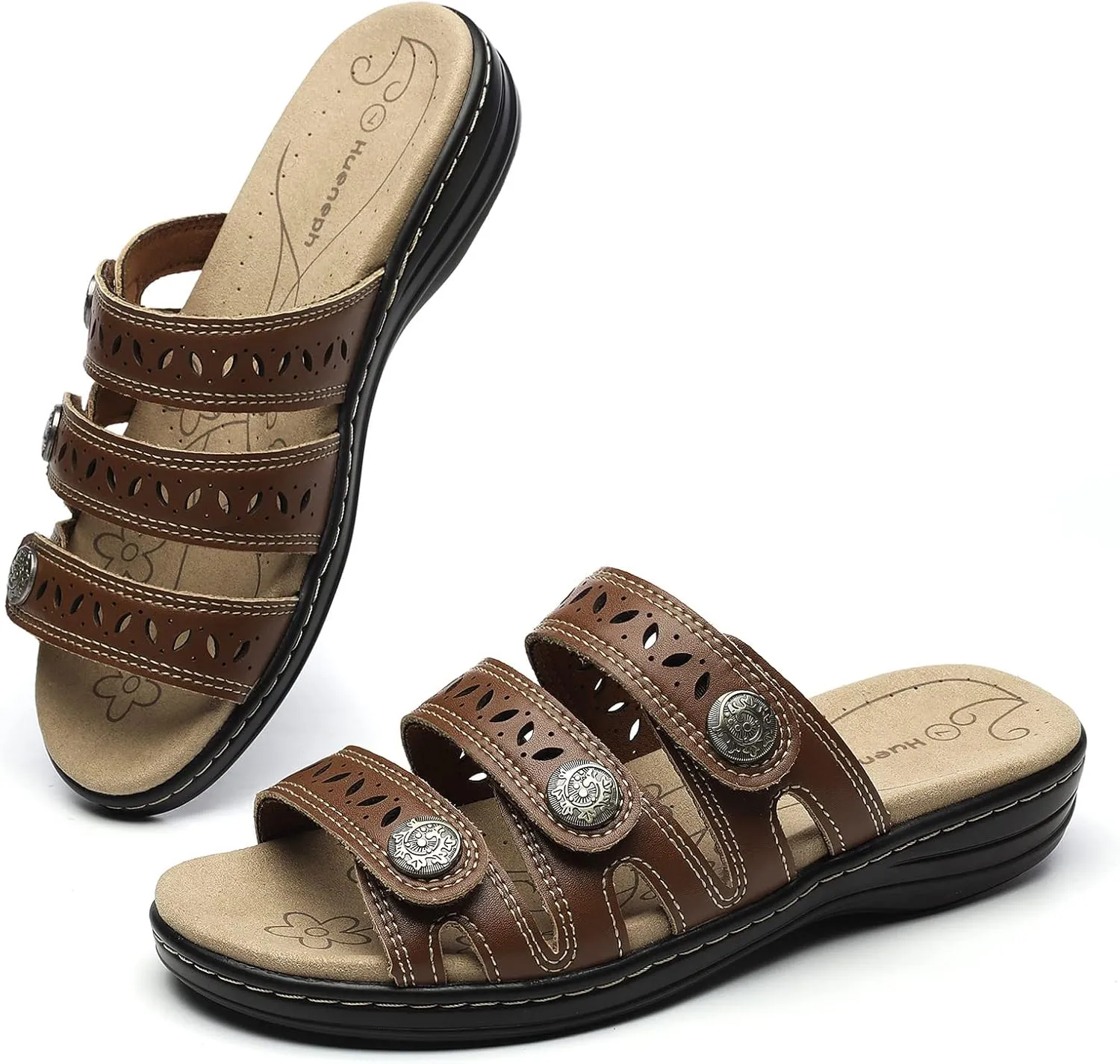 Women's Comfort Leather Slides Lightweight Flat Sandals Cute Slip On Casual Walking Slippers