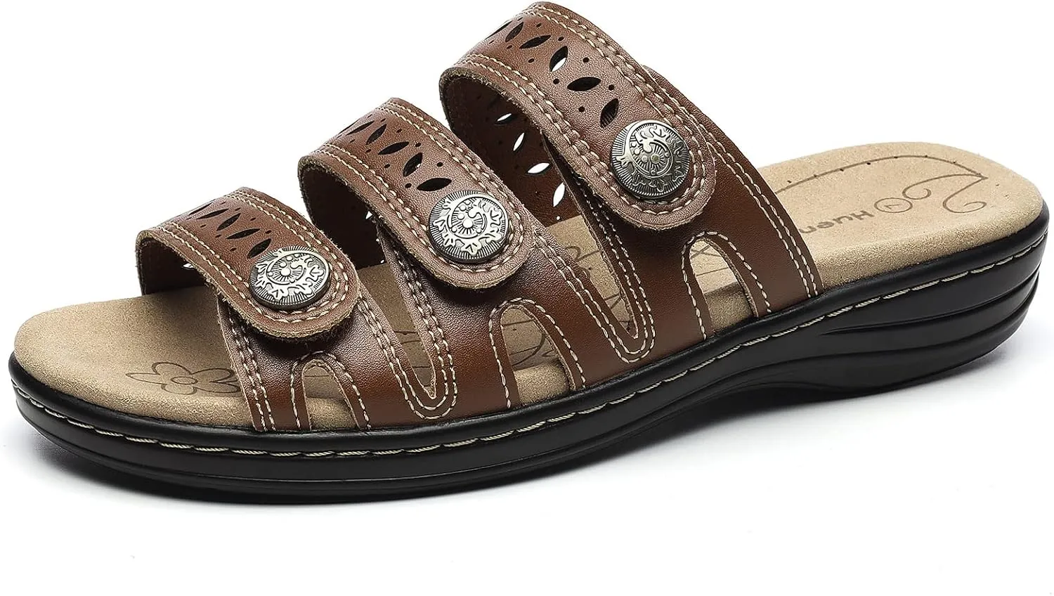 Women's Comfort Leather Slides Lightweight Flat Sandals Cute Slip On Casual Walking Slippers
