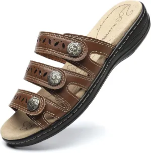 Women's Comfort Leather Slides Lightweight Flat Sandals Cute Slip On Casual Walking Slippers