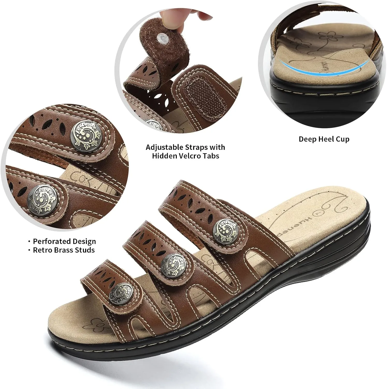 Women's Comfort Leather Slides Lightweight Flat Sandals Cute Slip On Casual Walking Slippers