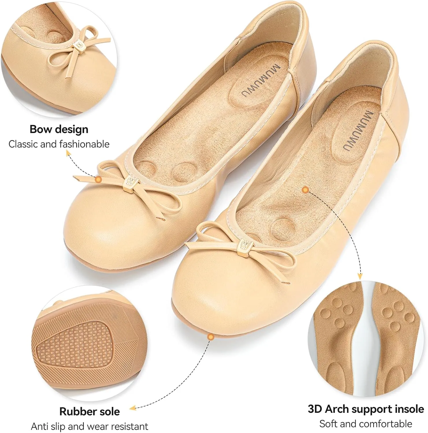 Women's Comfortable Ballet Flats Round Toe Flat Shoes for Women Bow Dressy Flats Shoes with Arch Support Insole