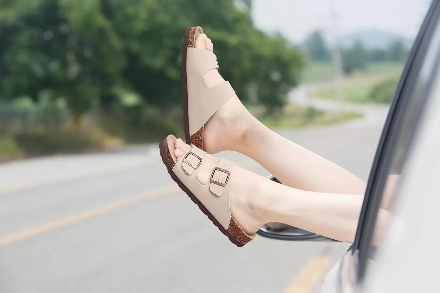 Women's Cork Footbed Slide Sandal, Arch Support Summer Outdoor Sandals with Adjustable Buckle