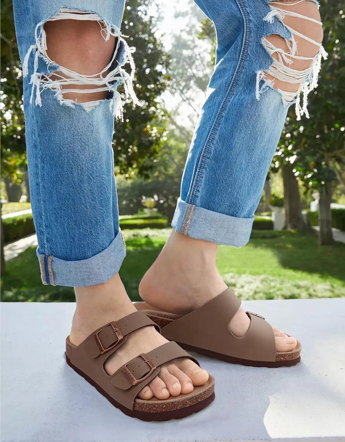 Women's Cork Footbed Slide Sandal, Arch Support Summer Outdoor Sandals with Adjustable Buckle