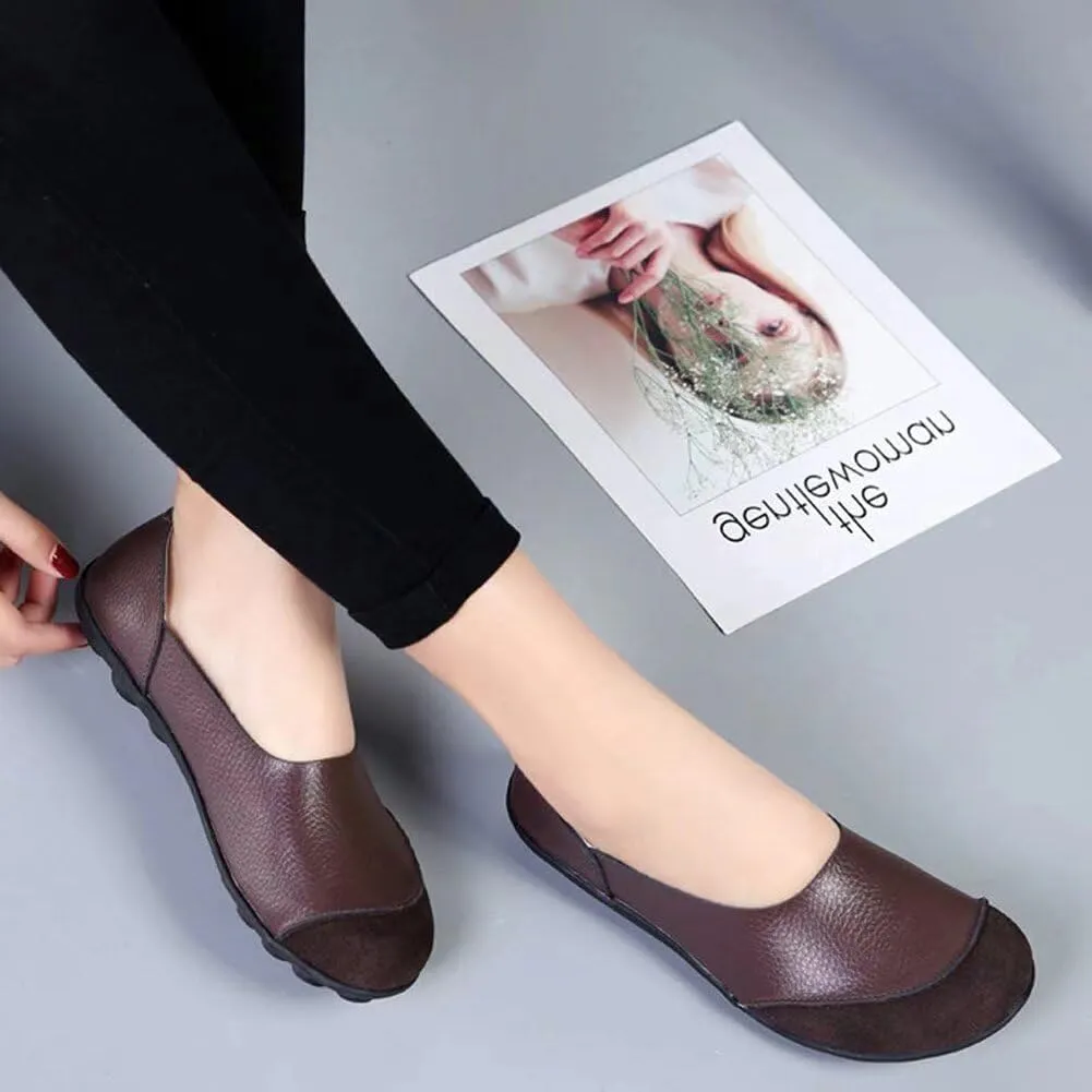 Women's Cowhide Leather Slip-On Moccasins Shoes Flat Slipper Loafers