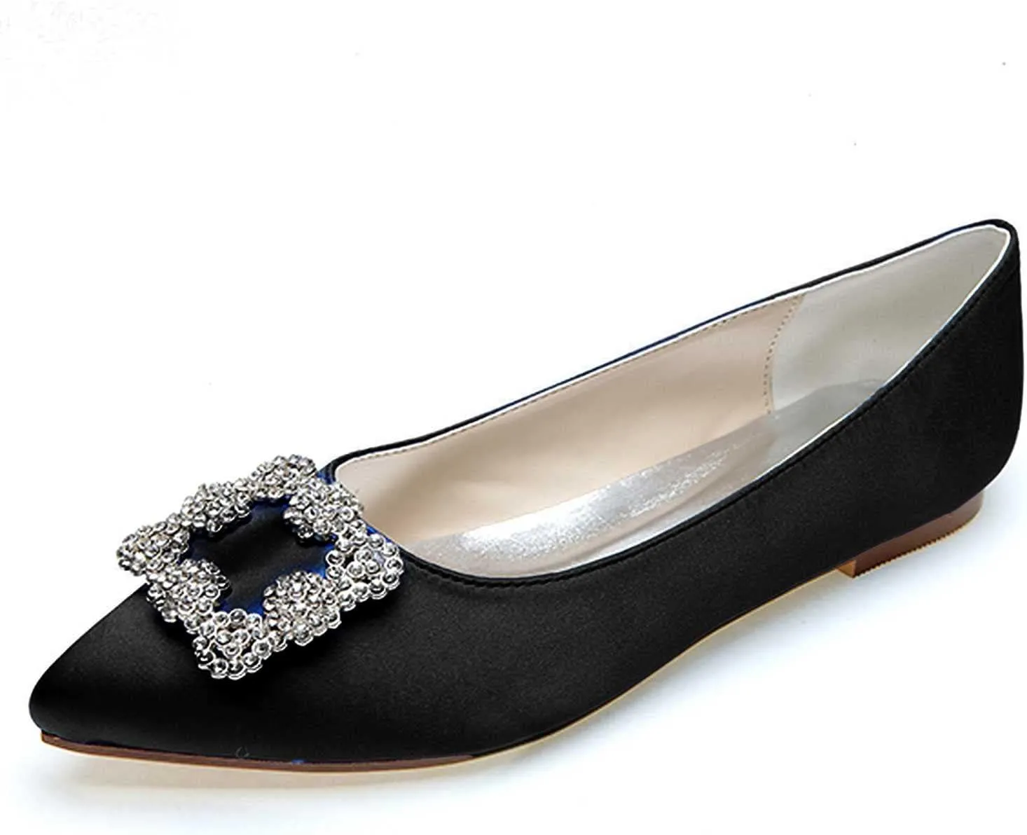 Women's Flat Comfortable Pointy Toe Satin Slip On Rhinestones Faux Work Shoes,Cute Slip On Ballet Flat