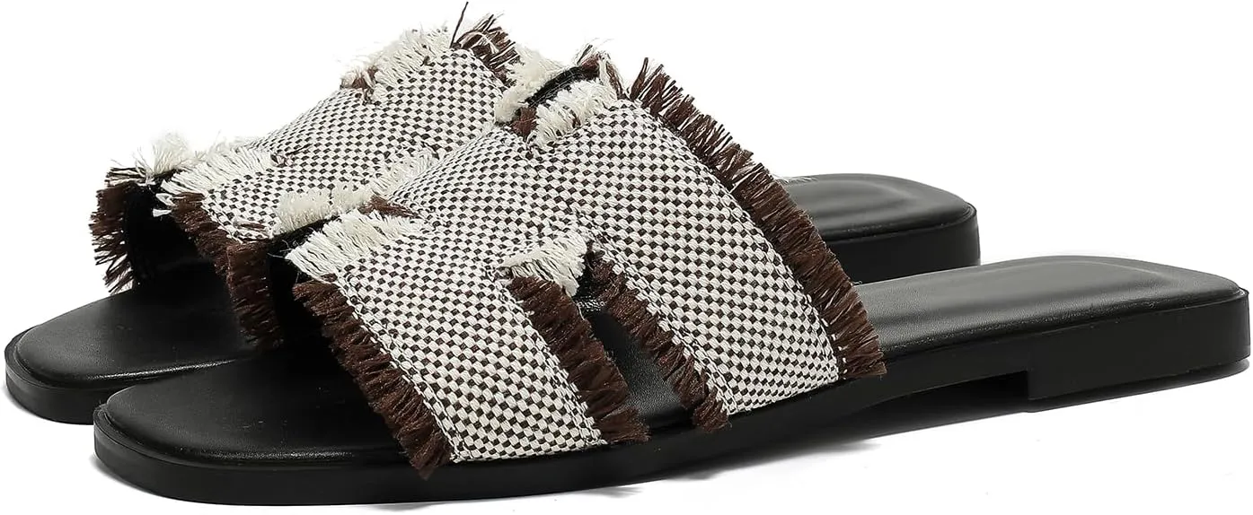 Women's Flat Slide Sandals Square Open Toe Flat Sandals Summer Flats Casual Slip on Fringe Trim