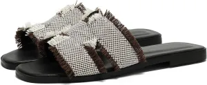 Women's Flat Slide Sandals Square Open Toe Flat Sandals Summer Flats Casual Slip on Fringe Trim