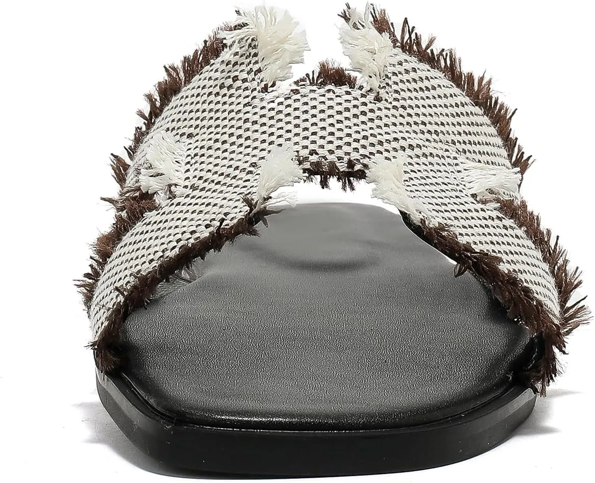 Women's Flat Slide Sandals Square Open Toe Flat Sandals Summer Flats Casual Slip on Fringe Trim