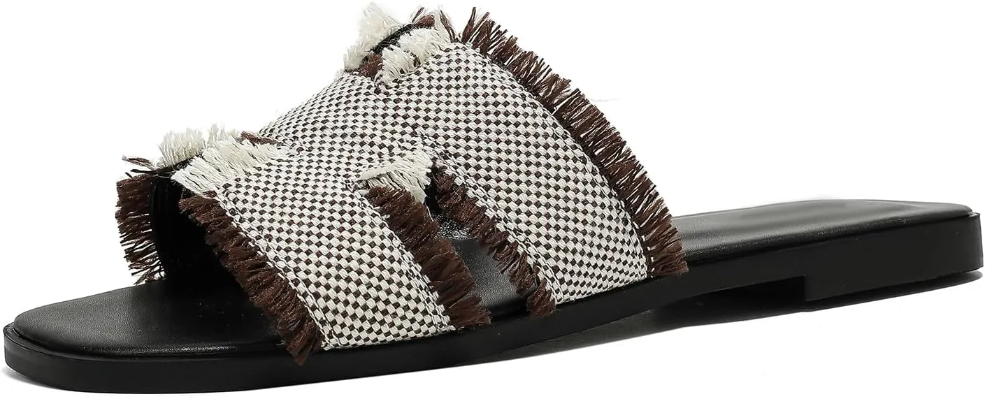 Women's Flat Slide Sandals Square Open Toe Flat Sandals Summer Flats Casual Slip on Fringe Trim