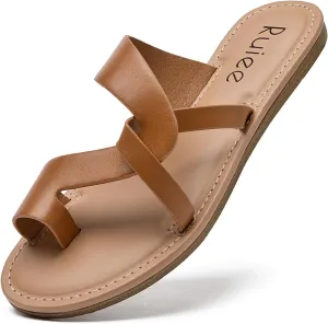 Women's Flat Slides Sandals, Summer Flip Flops Comfort Round Open Toe Slip On Strap Thong Beach Shoes for Women.