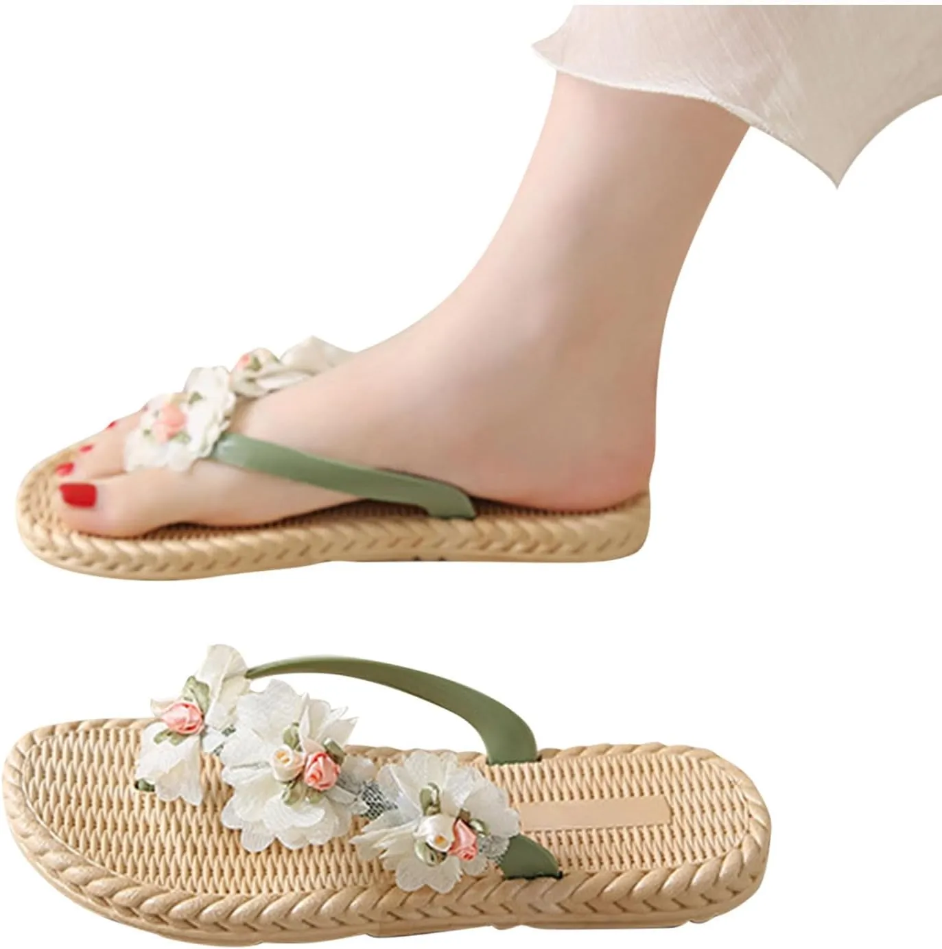 Women's Gardenia Flower Flip-Flop Slip On Bohemia Raffia Straw Footbed Flat Sandals Cute Dressy Summer Sandals 2025