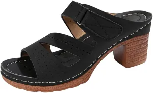 Women's Heeled Sandals Open Toe Slip On Block Chunky Mid Heels Ankle Strap Slippers Summer Backless Mules Walking Slide