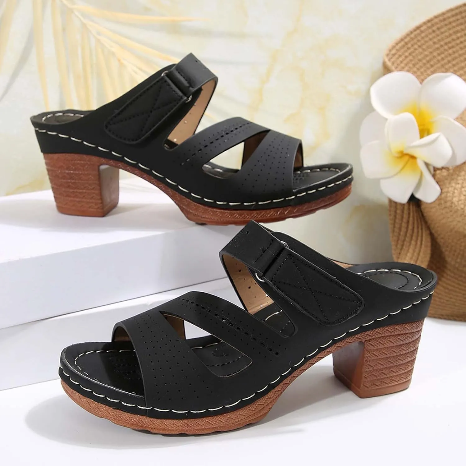 Women's Heeled Sandals Open Toe Slip On Block Chunky Mid Heels Ankle Strap Slippers Summer Backless Mules Walking Slide