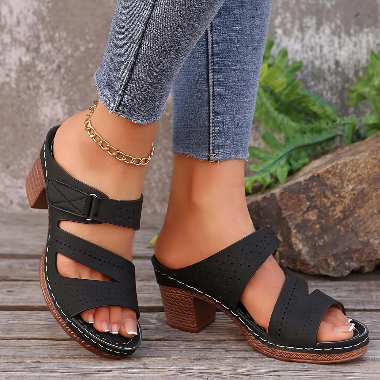 Women's Heeled Sandals Open Toe Slip On Block Chunky Mid Heels Ankle Strap Slippers Summer Backless Mules Walking Slide