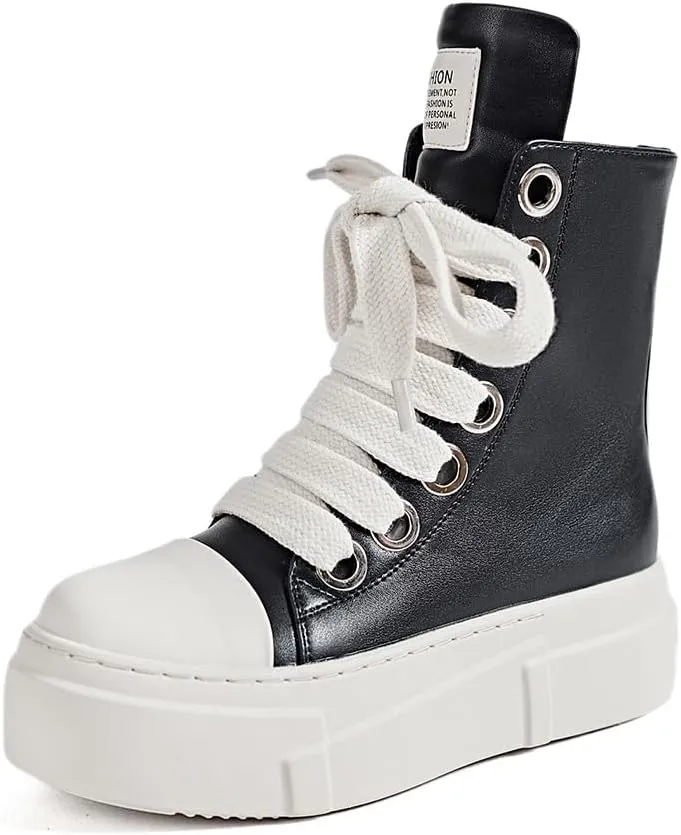 Women's High Top Platform Sneakers Pu Leather Comfort Ankle Boots Zipper Fashion Tennis Chunky Shoes Sneaker