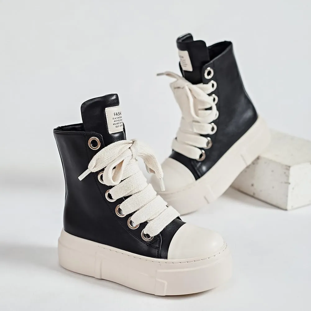 Women's High Top Platform Sneakers Pu Leather Comfort Ankle Boots Zipper Fashion Tennis Chunky Shoes Sneaker