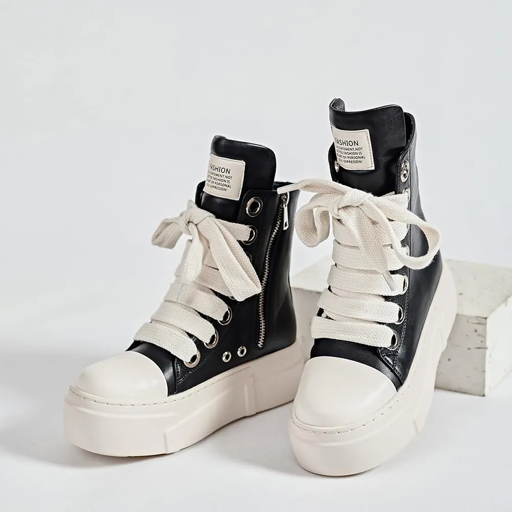 Women's High Top Platform Sneakers Pu Leather Comfort Ankle Boots Zipper Fashion Tennis Chunky Shoes Sneaker