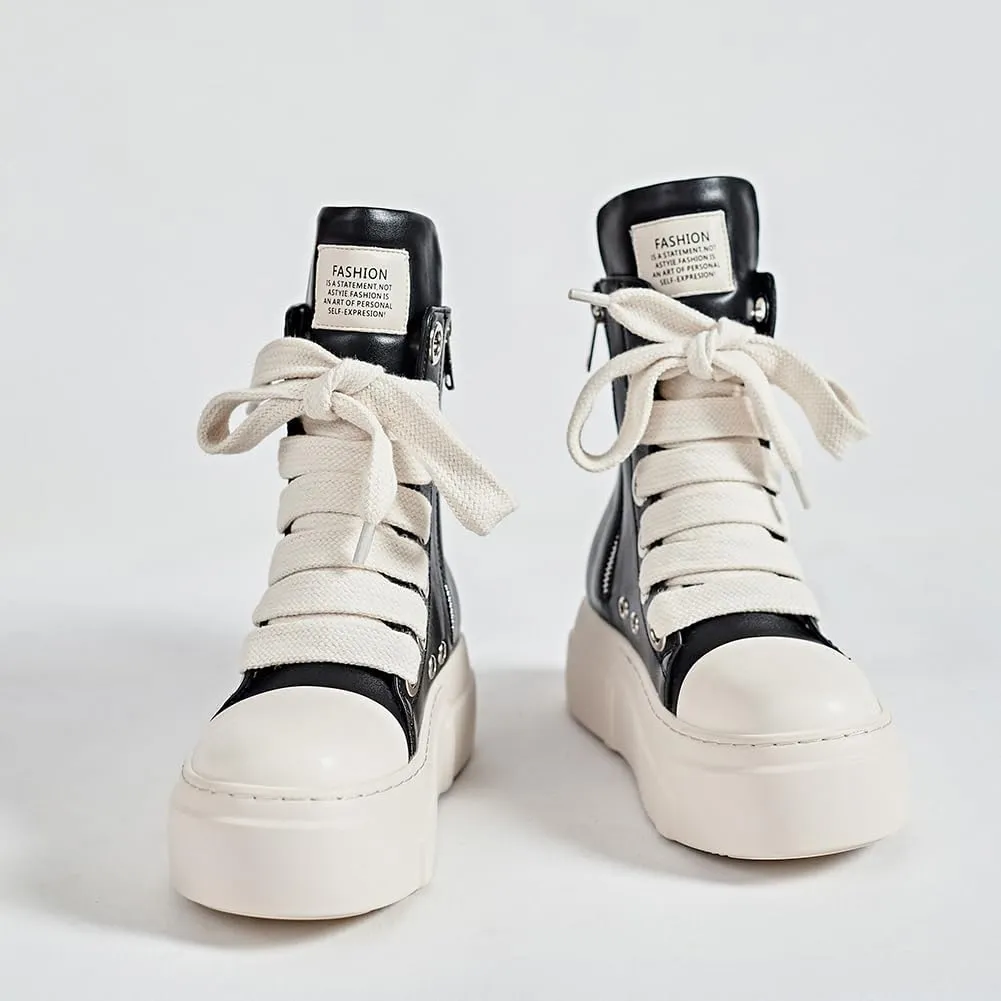Women's High Top Platform Sneakers Pu Leather Comfort Ankle Boots Zipper Fashion Tennis Chunky Shoes Sneaker