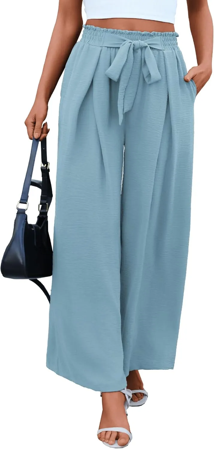 Women's High Waist Wide Leg Long Palazzo Pants Front Knot Tie Elastic Trousers with Pockets Lounge Business Work Pants