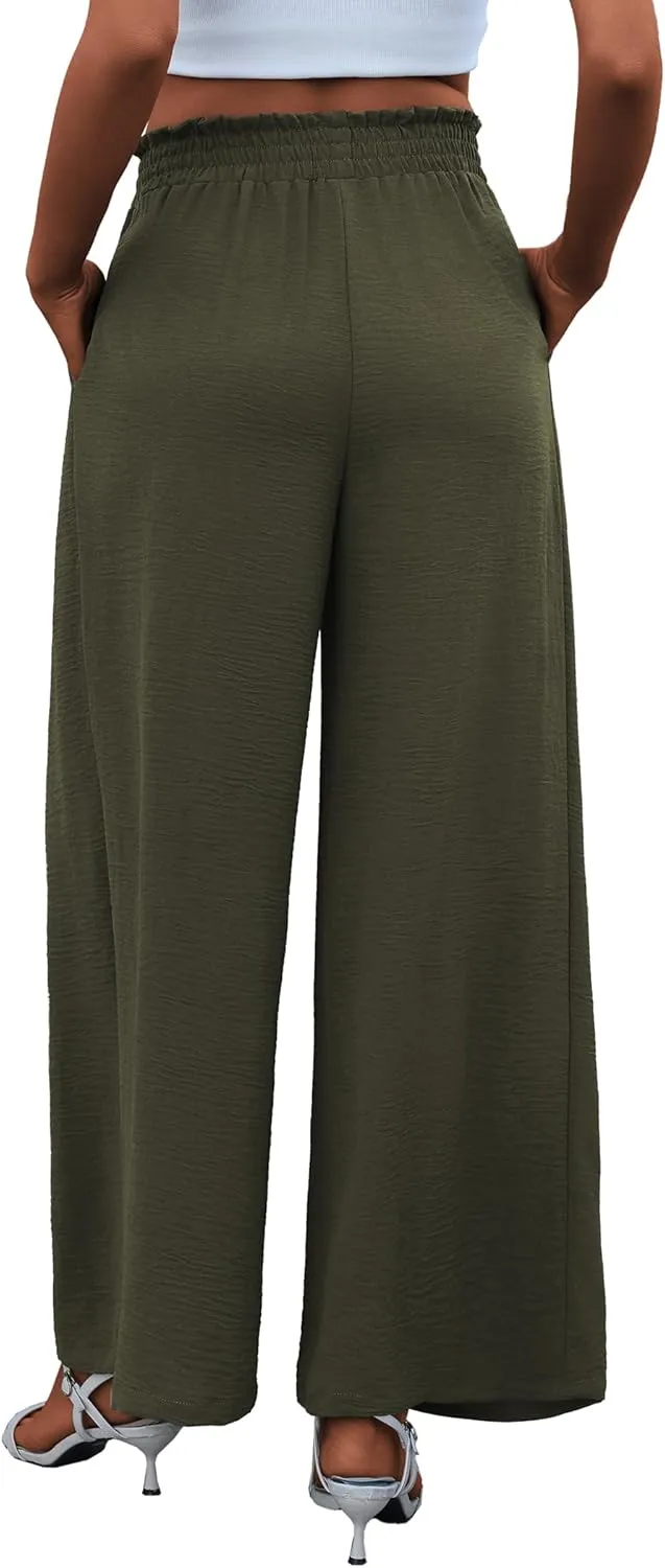 Women's High Waist Wide Leg Long Palazzo Pants Front Knot Tie Elastic Trousers with Pockets Lounge Business Work Pants