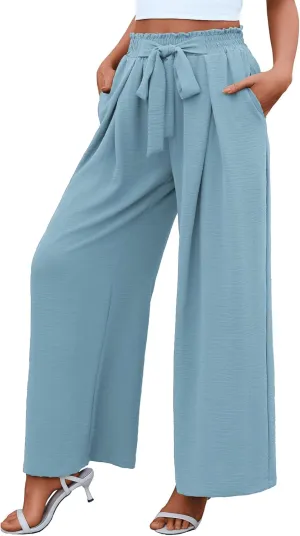 Women's High Waist Wide Leg Long Palazzo Pants Front Knot Tie Elastic Trousers with Pockets Lounge Business Work Pants