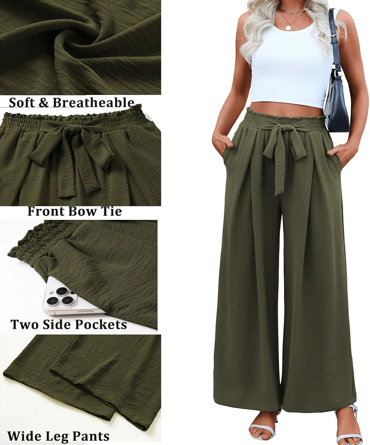 Women's High Waist Wide Leg Long Palazzo Pants Front Knot Tie Elastic Trousers with Pockets Lounge Business Work Pants