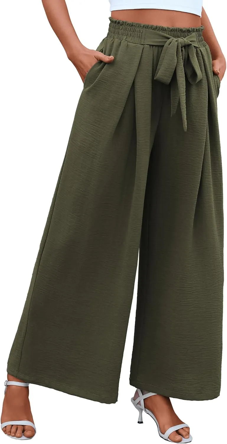 Women's High Waist Wide Leg Long Palazzo Pants Front Knot Tie Elastic Trousers with Pockets Lounge Business Work Pants